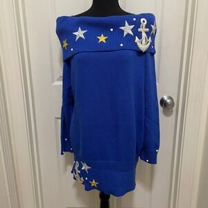 Vintage‎ Suzy T Off Shoulder Sweater Nautical Anchor Star Handmade NWT USA S M L